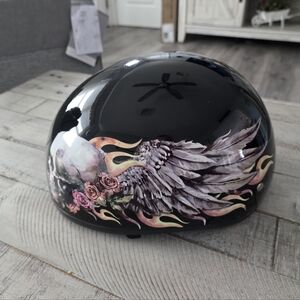 Women's Black Helmet with skull, Wing and Rose Design